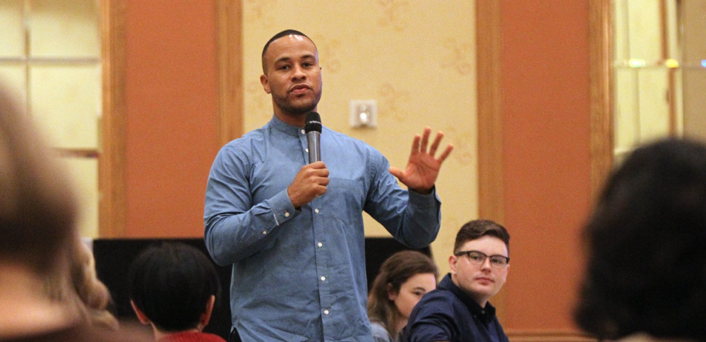 Filmmaker DeVon Franklin talks about his work before previewing a clip at the RNA Conference on Sept. 15, 2018, in Columbus, Ohio. RNS photo by Kit Doyle